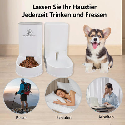 UUE Automatischer Futterspender Katze, 2.1kg Futterautomat Katze und 3.8L Wasserspender Hund, Set zu