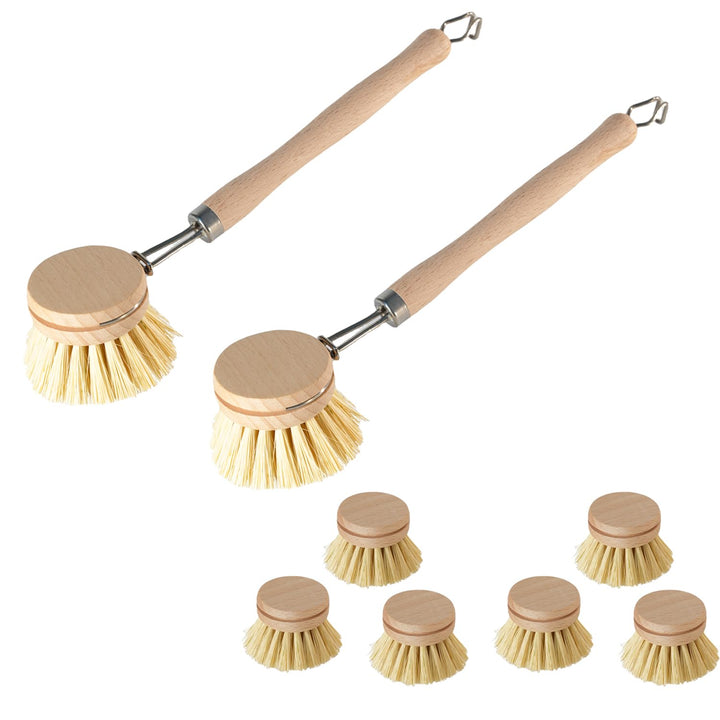 2er Set Spülbürste Holzspülbürste + 6 Ersatzköpfe, nachhaltige Spülbürsten Holz mit 6 x Ersatzkopf,