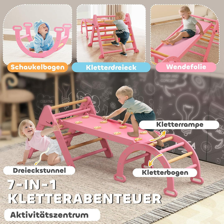AIYAPLAY 7-in-1 Montessori Klettergerüst Indoor, faltbar Holz Kletterdreieck mit Rutsche, Bogen, Ind