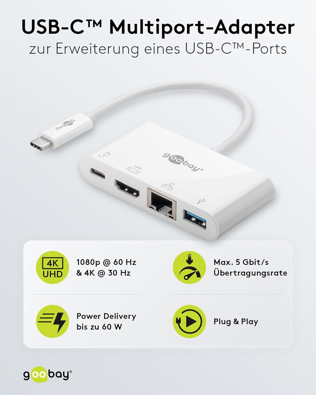 Goobay 62105 USB C Hub Multiport USB Verteiler 60W PD / 4 Port USBC auf 1x HDMI - 1x USB-C - 1x USB-