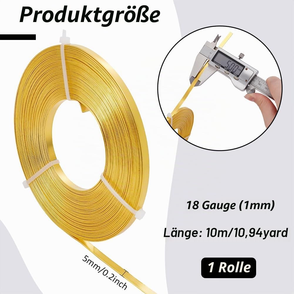 BENECREAT 10m (33FT) 5mm breiter goldfarbener Aluminium Flachdraht eloxiert flacher Kunstdraht für S