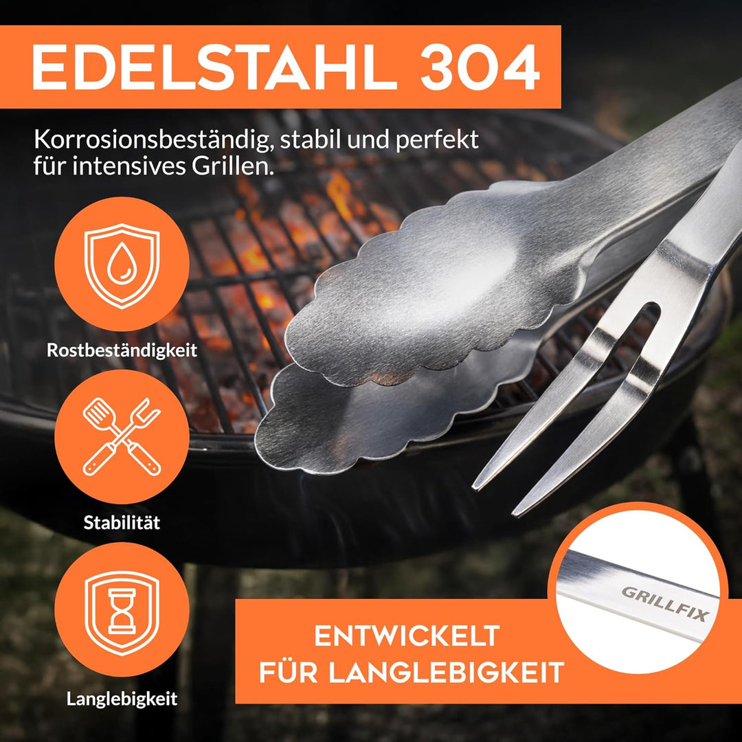 BBQ Grillbesteck Set extra lang 38cm, aus Edelstahl holzverziert | 3-teilig Geschenkset für Männer u