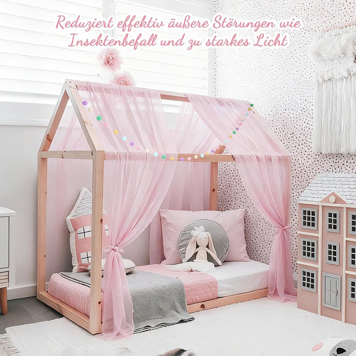 2 Stück Hausbett Himmel für Kinderbett, 160x350cm mit Farbiger Pompon-Girlande & Befestigungsbändern