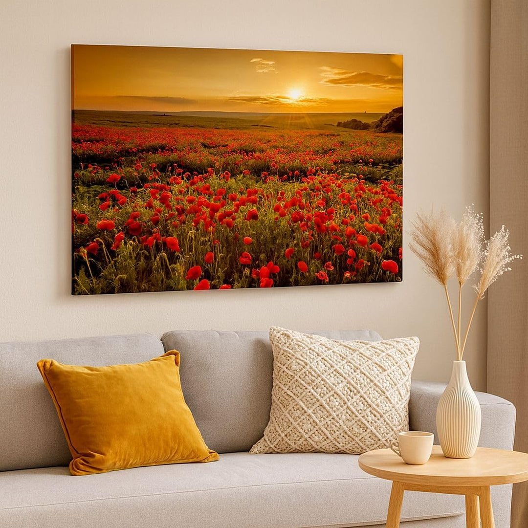 Bilder auf Leinwand 100x70cm Leinwandbild mit Rahmen Mohn Blume Wiese Gross Wanddeko Bild Schlafzimm
