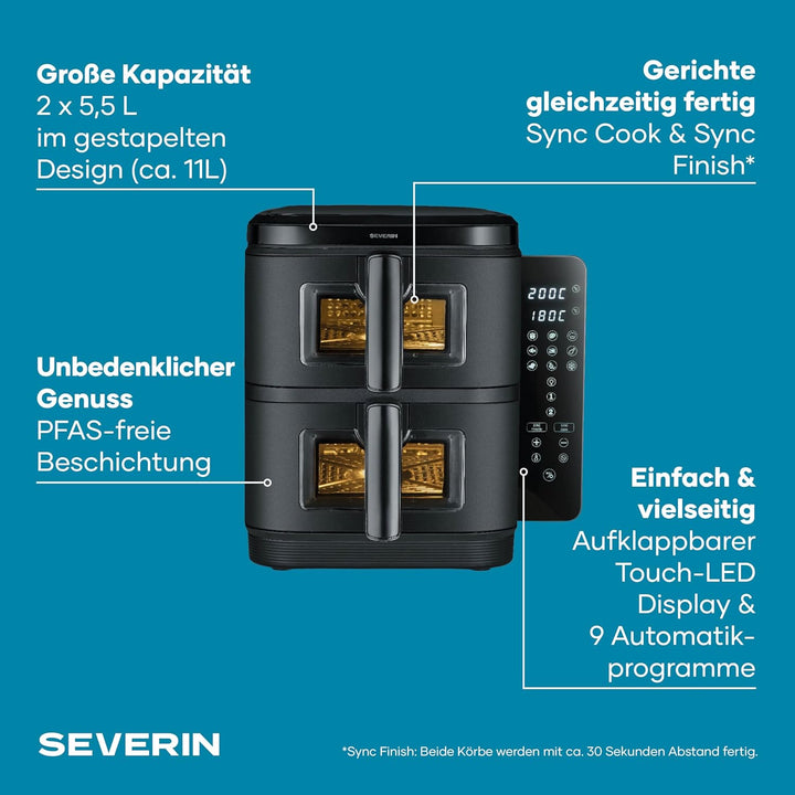 Severin Duo Stack Heissluftfritteuse, 2 x 5,5 L Garraum, 2 Kammern, gesundes Kochen, 9 Automatik-Pro