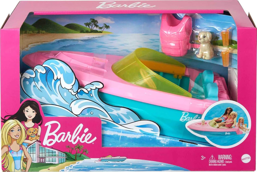Barbie Speedboat, rosa Schwimmweste, rosa, blaues und weisses Barbie-Boot, Welpe, Barbie Accessoires