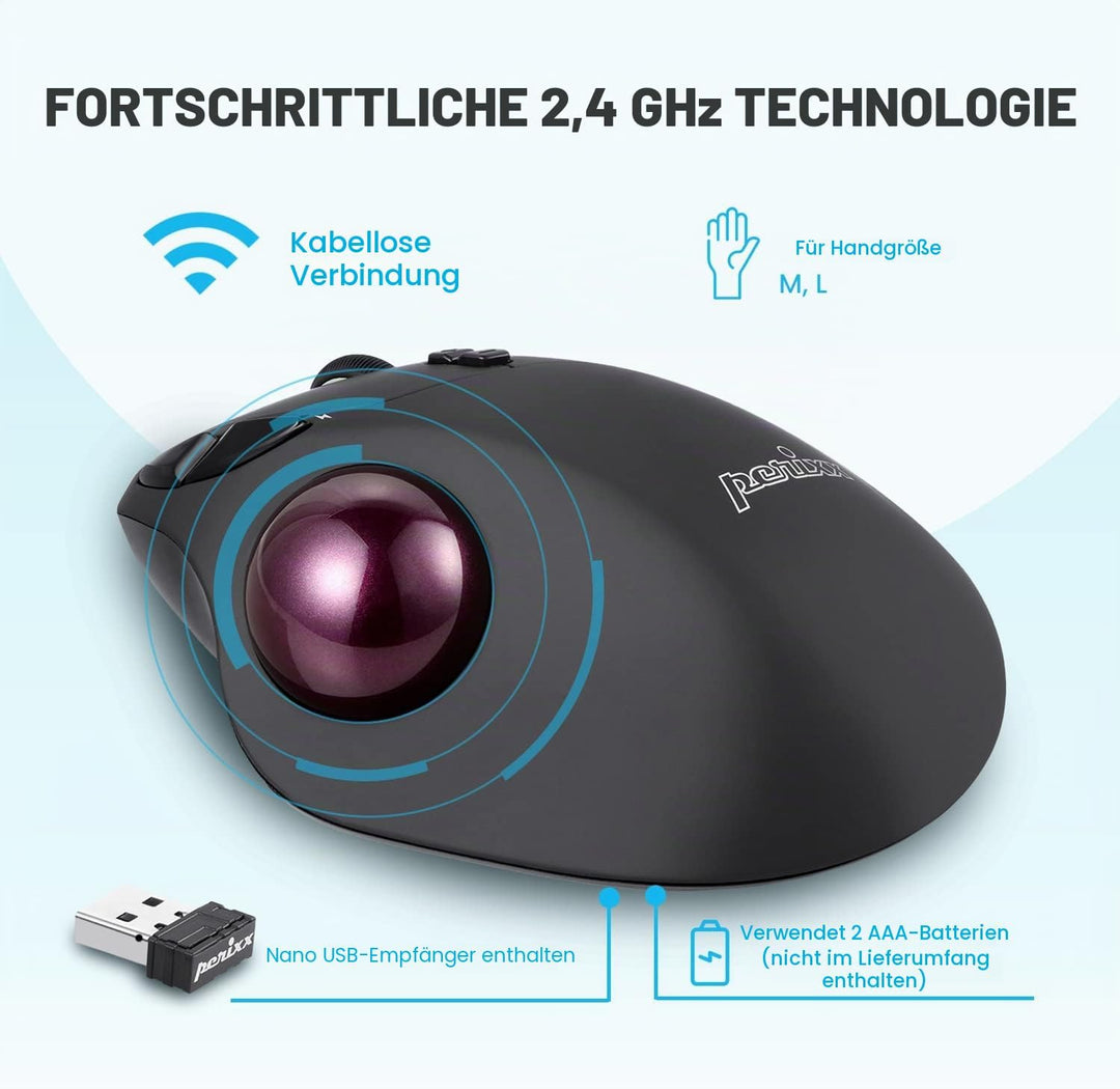Perixx PERIMICE-717 Kabellose Programmierbare Trackball Maus - 34mm Trackball - 400/1000 DPI - 7 Tas