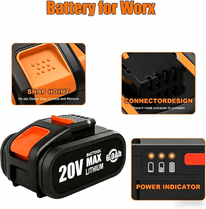 BATTOOL 2 Stück 6,0Ah Ersatzakku für Worx 20V Akku Elektrowerkzeuge Schwarz 6.0, Schwarz 6.0