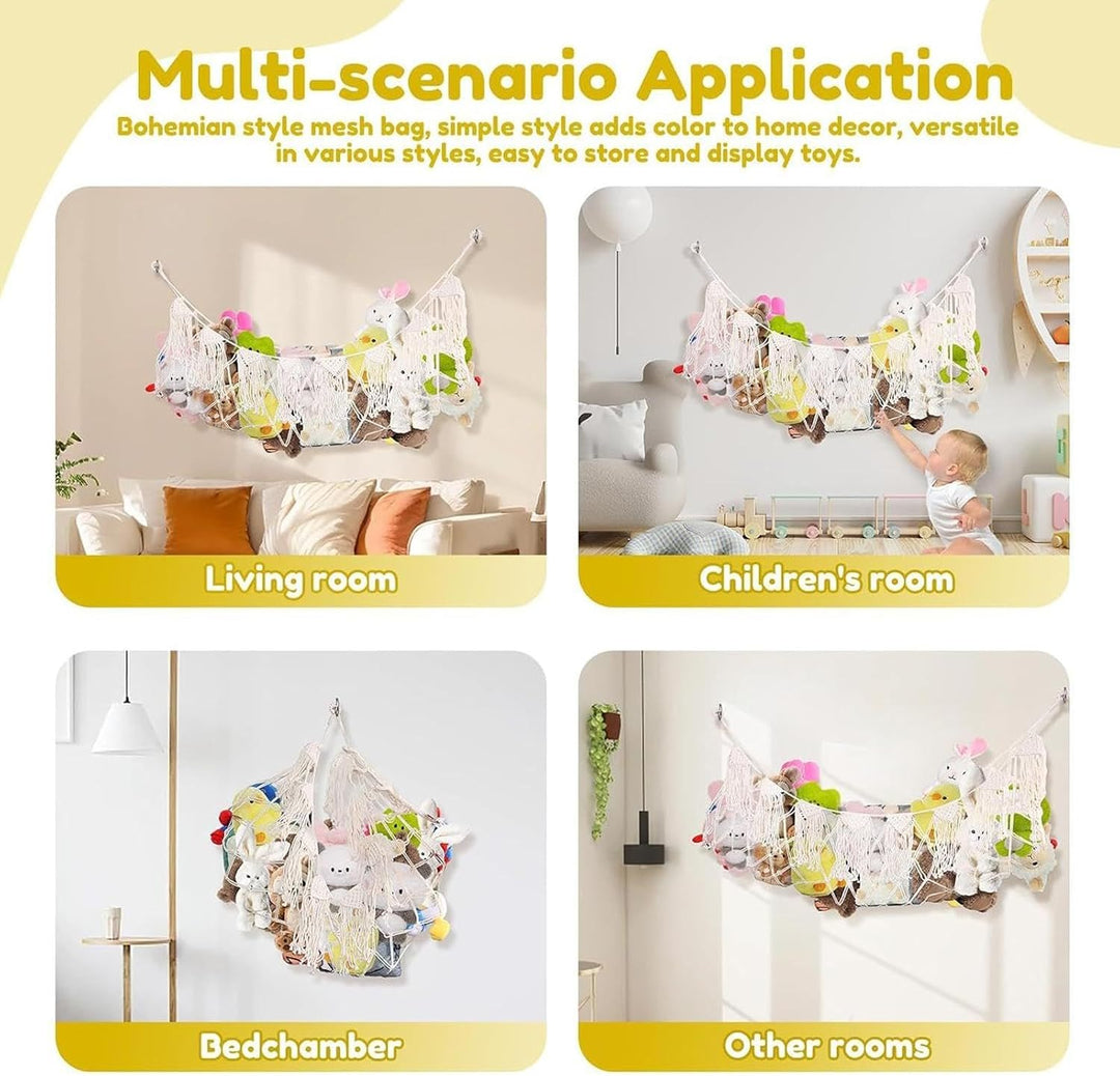 Stuffed Animal Net, Plush Toy Hammock, Boho Wall Storage | Interactive Heavy Duty Mesh Organizer for