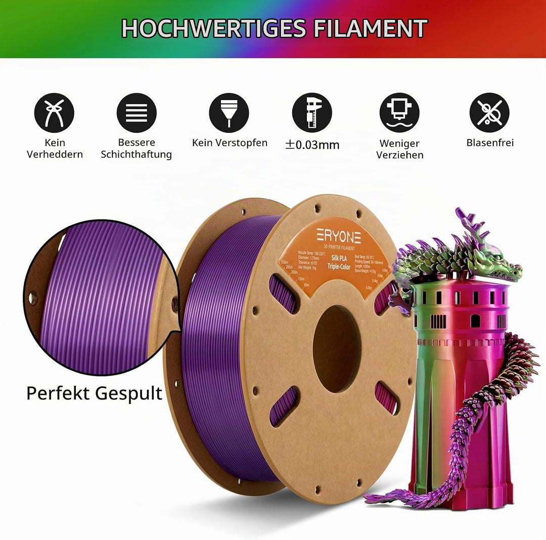 ERYONE Dreifarbiges Seiden PLA Filament 1.75mm,Seidiges Mehrfarbiges PLA-Filament für 3D-Drucker +/-