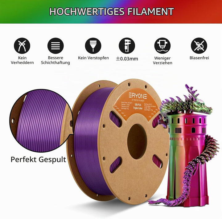 ERYONE Dreifarbiges Seiden PLA Filament 1.75mm,Seidiges Mehrfarbiges PLA-Filament für 3D-Drucker +/-