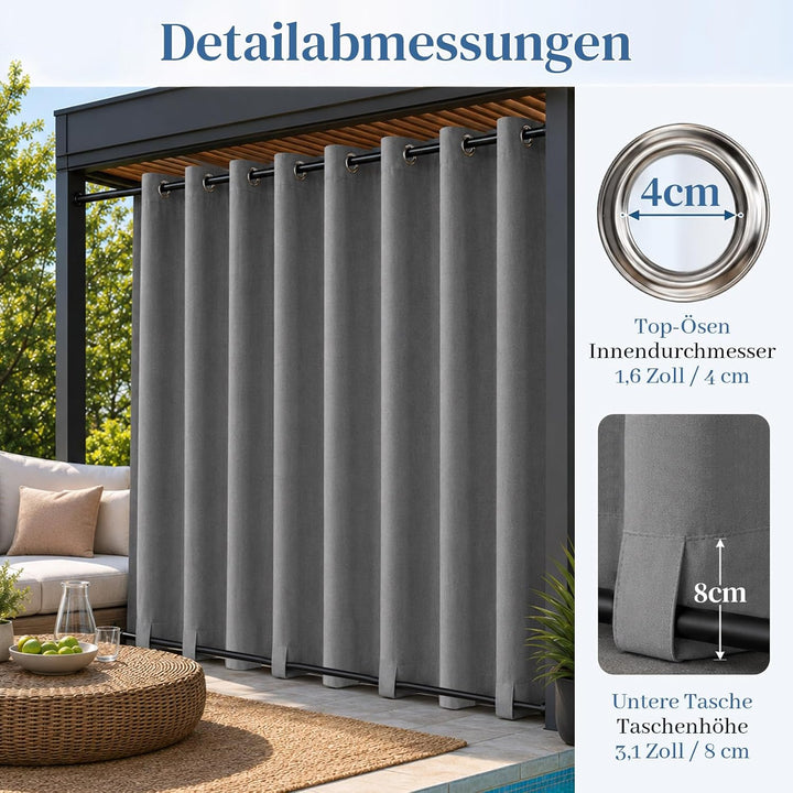 Rosnek Outdoor Vorhang Wetterfest Extra Breit B254 x H214 cm, 100% Blickdicht Winddicht mit Ösen Obe