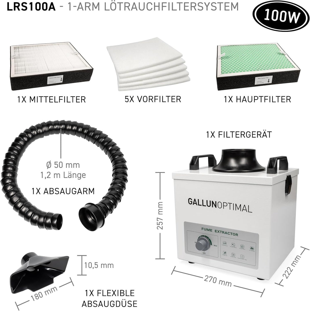 Lötrauchfiltersystem 100 W – 200 m³/h regelbar, 3-stufig (Vorfilter + HEPA H13 + Aktivkohle), Segmen