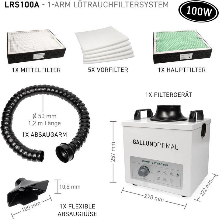 Lötrauchfiltersystem 100 W – 200 m³/h regelbar, 3-stufig (Vorfilter + HEPA H13 + Aktivkohle), Segmen