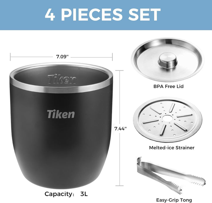 Tiken 3L Edelstahl Eiseimer mit Deckel und Zange Doppelwandiger Vacuum Isolierter Eiskübel Eiswürfel