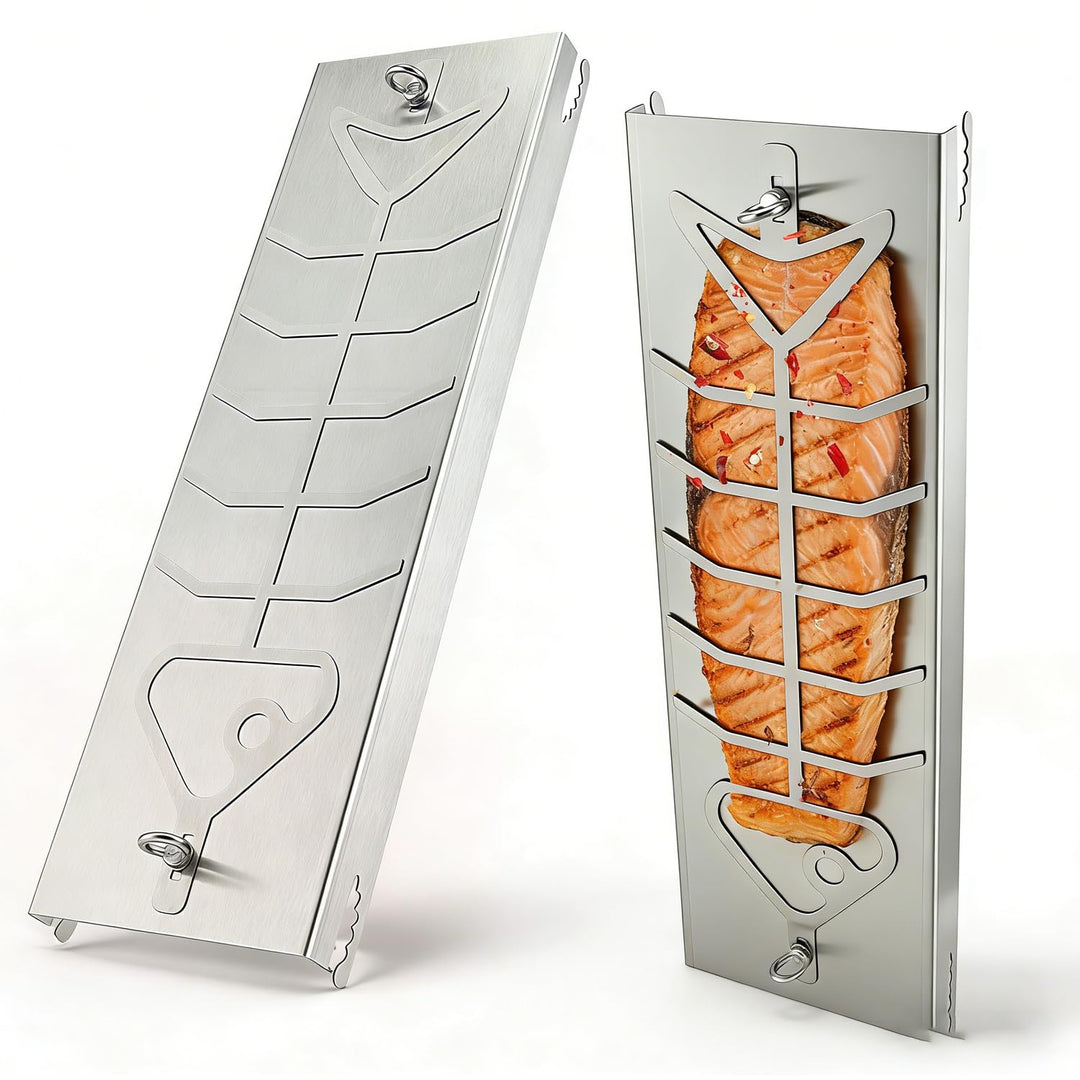 2PCS Edelstahl Flammlachsbrett Set für Feuerschale & Kugelgrill, 59×16cm Lachsbretter zum Grillen Fe