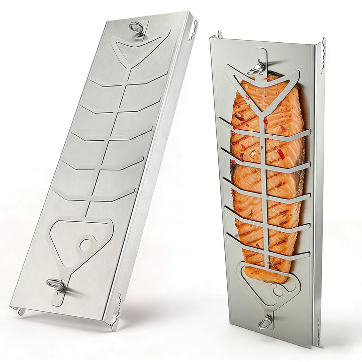 2PCS Edelstahl Flammlachsbrett Set für Feuerschale & Kugelgrill, 59×16cm Lachsbretter zum Grillen Fe