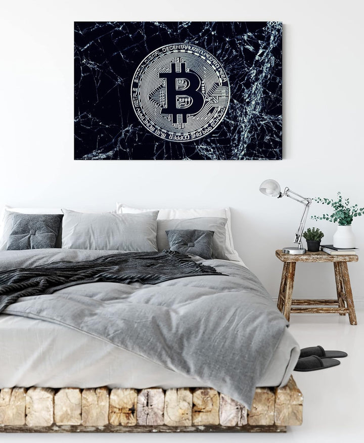 Pixxprint Bitcoin BTC auf Eis als Leinwandbild | Grösse: 100x70 cm | Wandbild | Kunstdruck | fertig
