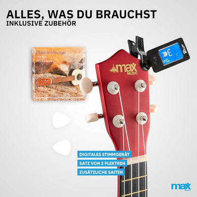 MAX UKEY Ukulele Komplett Set inkl. Plektren, digitalem Stimmgerät und Tasche, 21" mini Gitarre, Uku