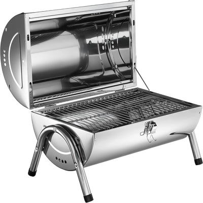 TecTake Edelstahl BBQ Grill mit grosser Doppelgrillfläche Holzkohlegrill Grilltonne Silber