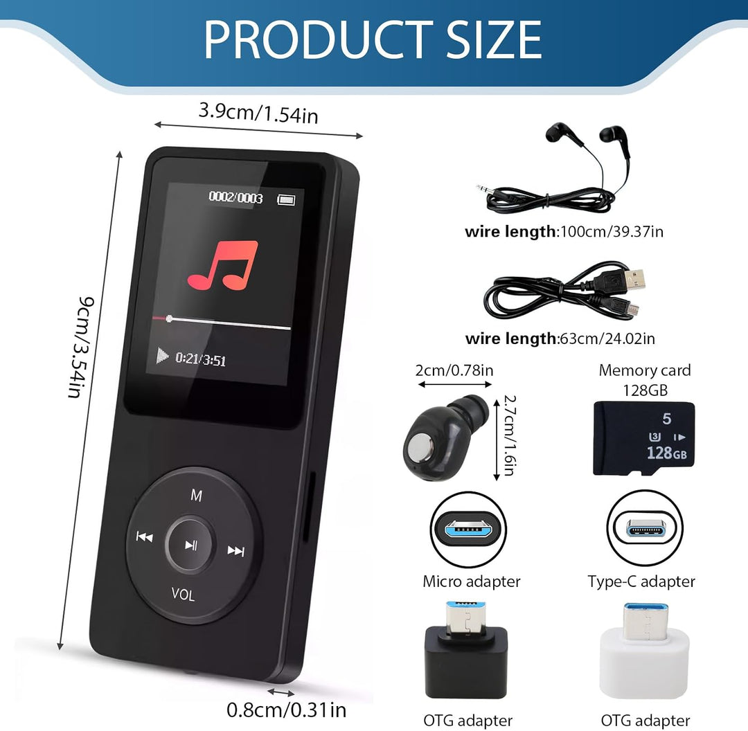 128GB MP3 Player Bluetooth 5.3 mit Lautsprecher, inkl. 128GB Speicherkarte, 1,8 Zoll TFT Musikplayer