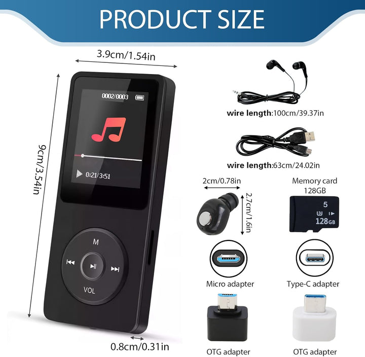 128GB MP3 Player Bluetooth 5.3 mit Lautsprecher, inkl. 128GB Speicherkarte, 1,8 Zoll TFT Musikplayer
