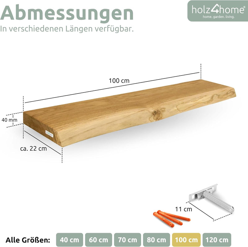 holz4home® Wandregal mit Baumkante 100 cm Länge, Natur Geölt I Schweberegal Massivholz mit unsichtba
