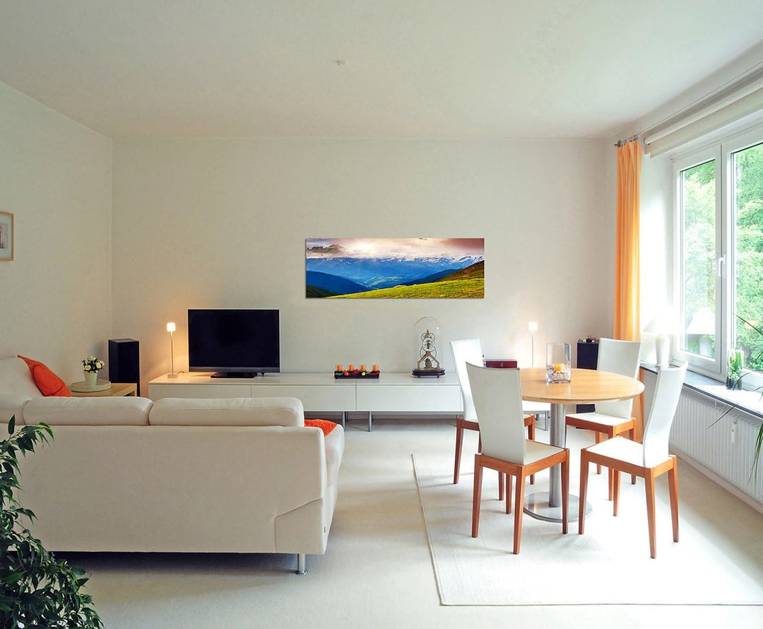Paul Sinus Art Panoramabild auf Leinwand und Keilrahmen 150x50cm Georgien Kaukasus Berge Schnee Wolk
