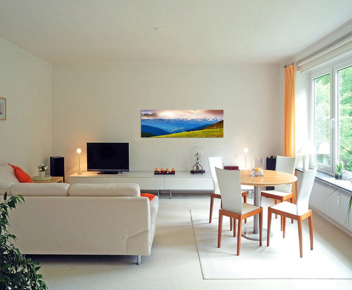 Paul Sinus Art Panoramabild auf Leinwand und Keilrahmen 150x50cm Georgien Kaukasus Berge Schnee Wolk