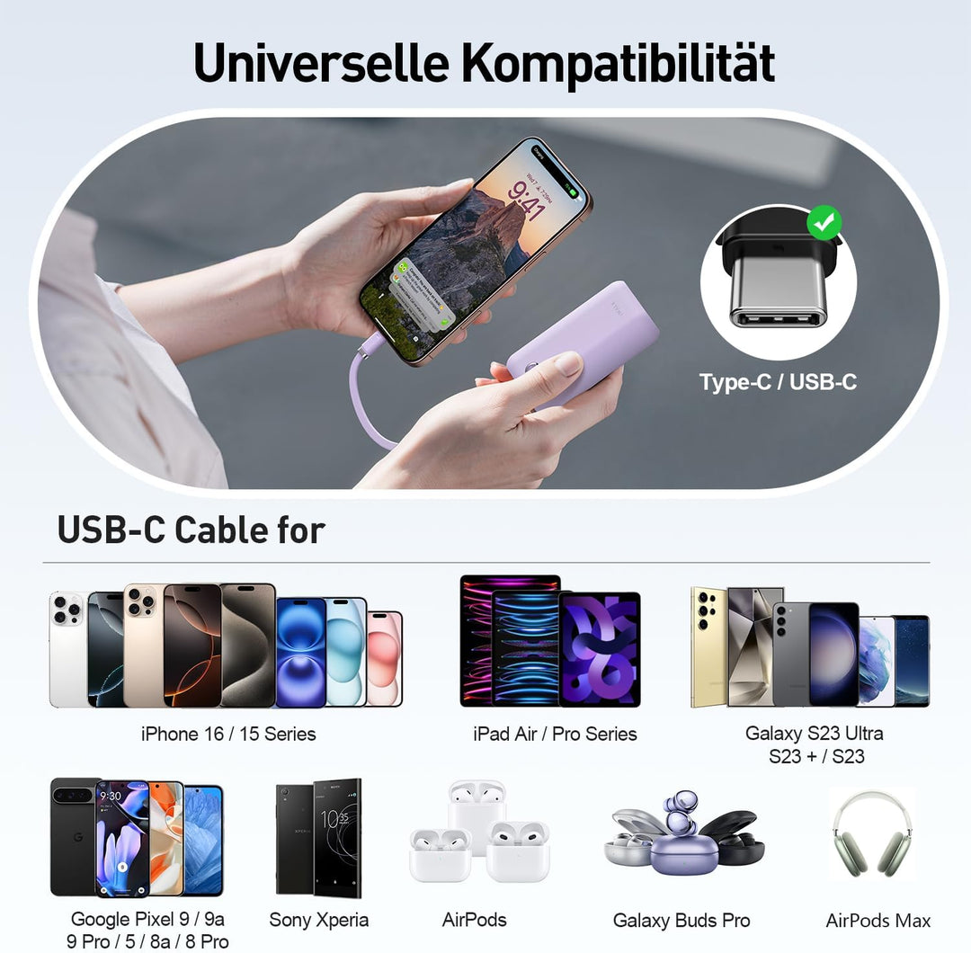 iWALK Mini Tragbares Ladegerät 10000 mAh, 22,5W USB-C Powerbank mit integriertem Kabel, Ultra-kompak
