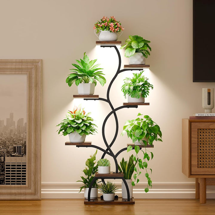 Pflanzenständer mit Wachstumslicht - 8 Ebenen Blumenständer 124cm Metall Holz Pflanzenregal - Innen