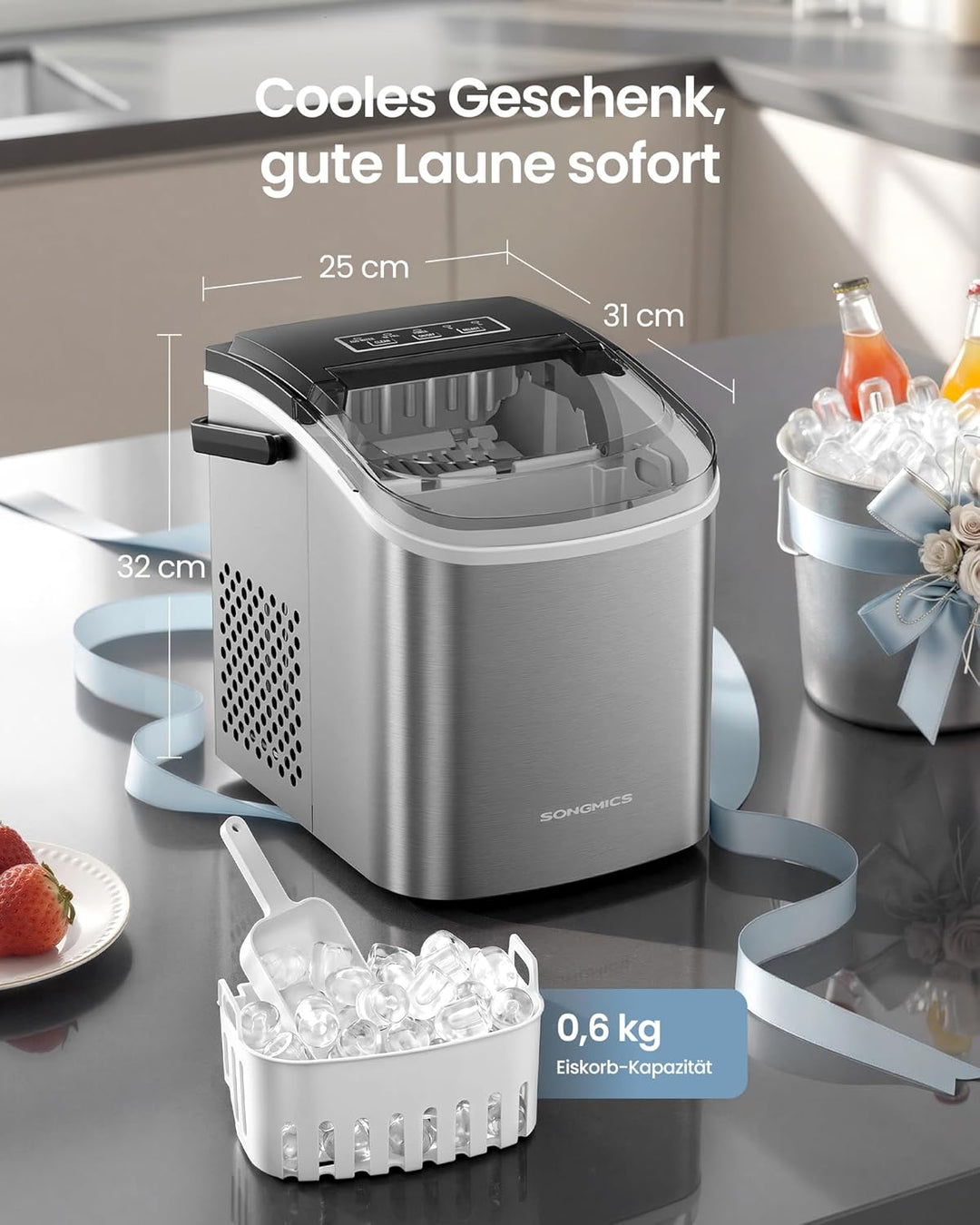 SONGMICS Eiswürfelmaschine, Eiswürfelbereiter, Eismaschine mit Selbstreinigung, in 6 Minuten 9 Würfe
