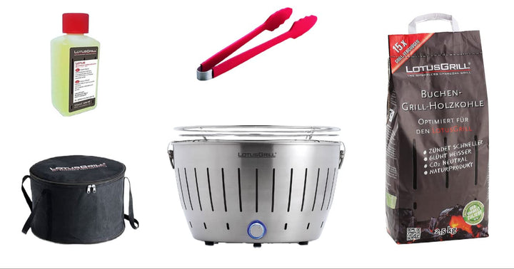 LotusGrill Starter-Set Classic 1x Grill Edelstahl mit USB-Anschluss, 1x Buchenholzkohle 2,5 kg, 1x B