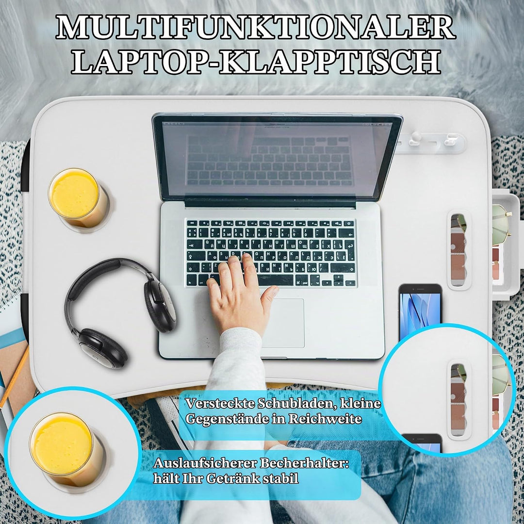Soontrans Laptoptisch, 60 x 40 x 28 cm, Laptop Tisch mit Schublade, Getränkehalter, Kleiner Ventilat