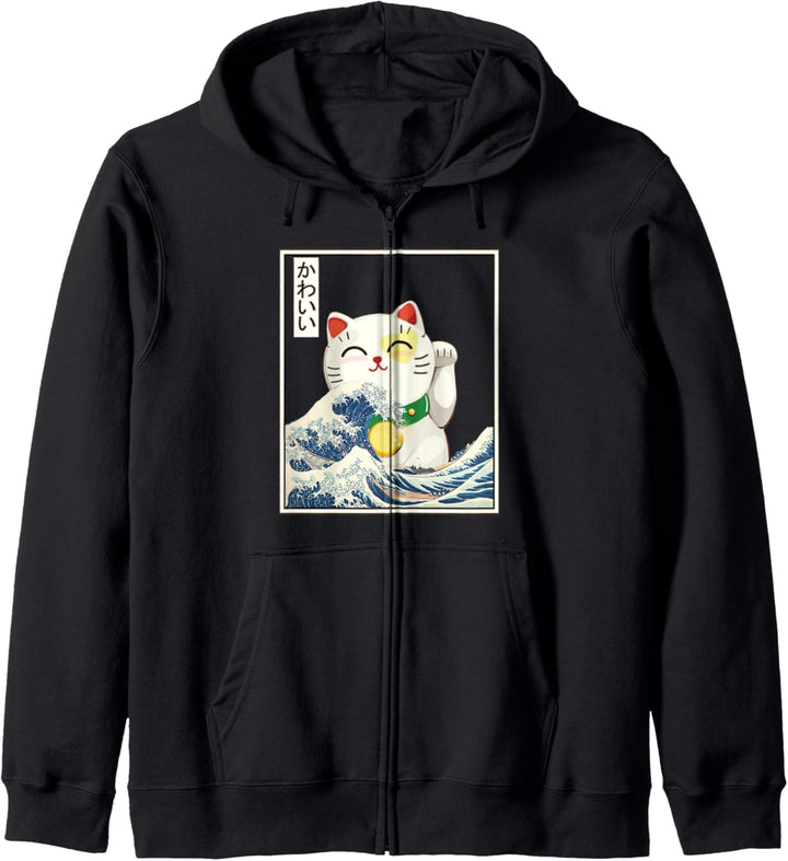Die grosse Welle der Kanagawa Lucky Cat Maneki-Neko Japaner Kapuzenjacke