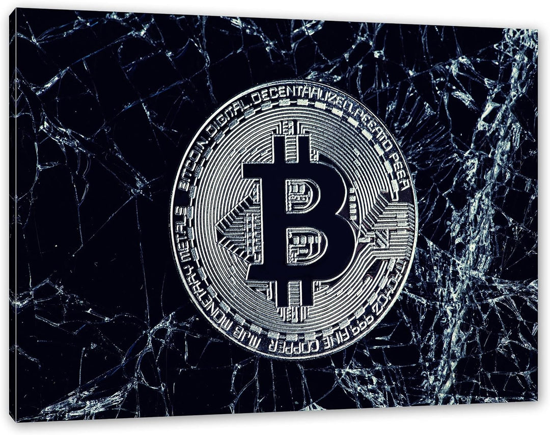 Pixxprint Bitcoin BTC auf Eis als Leinwandbild | Grösse: 100x70 cm | Wandbild | Kunstdruck | fertig
