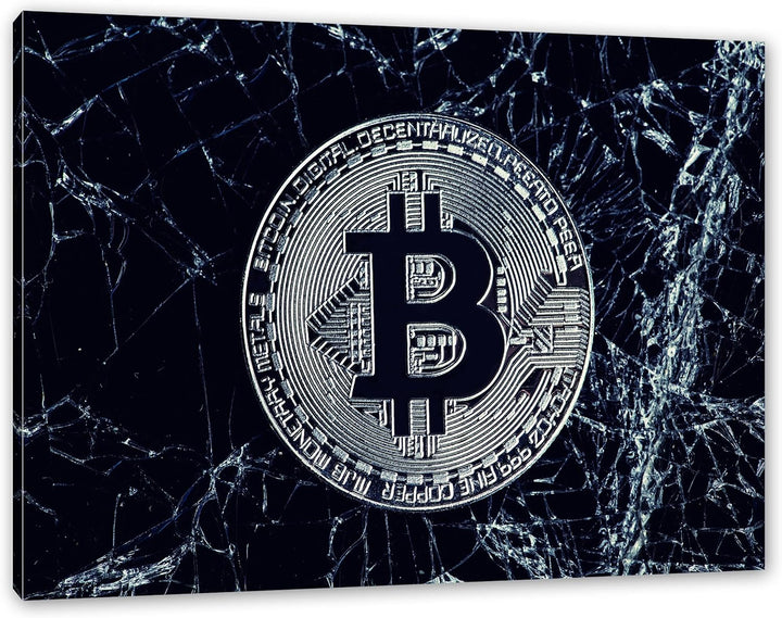 Pixxprint Bitcoin BTC auf Eis als Leinwandbild | Grösse: 100x70 cm | Wandbild | Kunstdruck | fertig