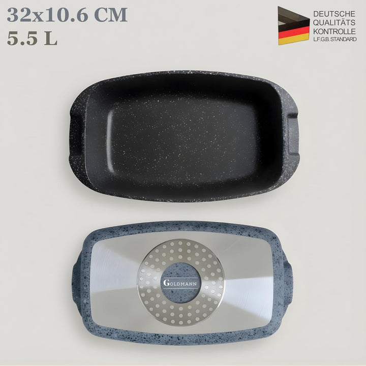 GOLDMANN Premium Bräter 32 CM – 5.5L – Aluminiumguss, Induktion, Antihaft-Marmor-Beschichtung – Aufl