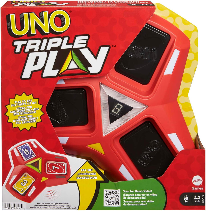 Mattel Games UNO Triple Play, Uno Kartenspiel für die Familie, mit Licht und Soundeffekten, Perfekt