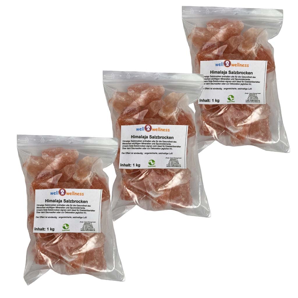 Solebrocken Salzbrocken rosa Steinsalz aus der Salt Range Pakistan - 3 x 1,0 kg im PE- Beutel, 3 x 1