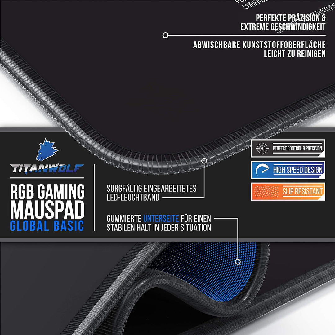 Titanwolf - RGB Gaming Mauspad - 800x300 mm - XXL Mousepad - LED Multi Color - 7 LED Farben Plus 4 E