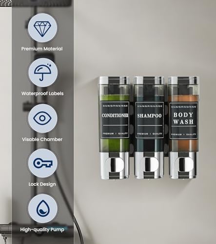 Duschseifenspender, Wandmontage, 3 Kammer-Shampoospender für Dusche, mit 5 Etikettenaufklebern, 3 x