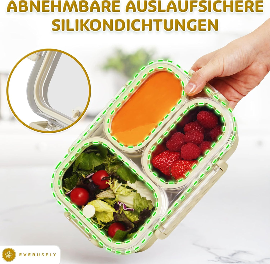Everusely Edelstahl-Bento-Box/Brotdose – 750 ml – Auslaufsichere Lunchbox aus Metall mit 3 Fäche
