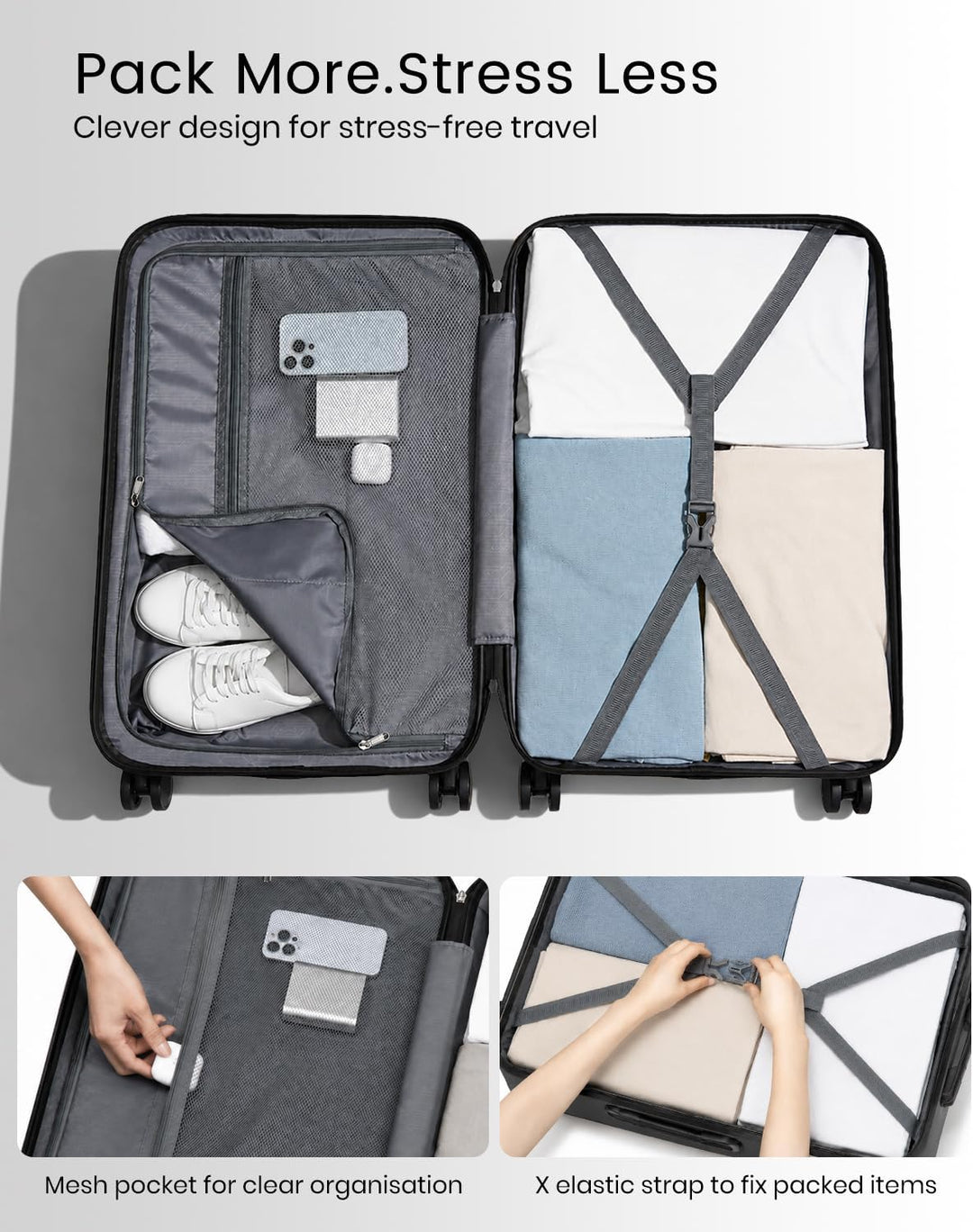 KONO Trolley Koffer Mittelgross Leicht Hartschalenkoffer Reisekoffer mit 4 Rollen, 65x42x26cm, 65Lit