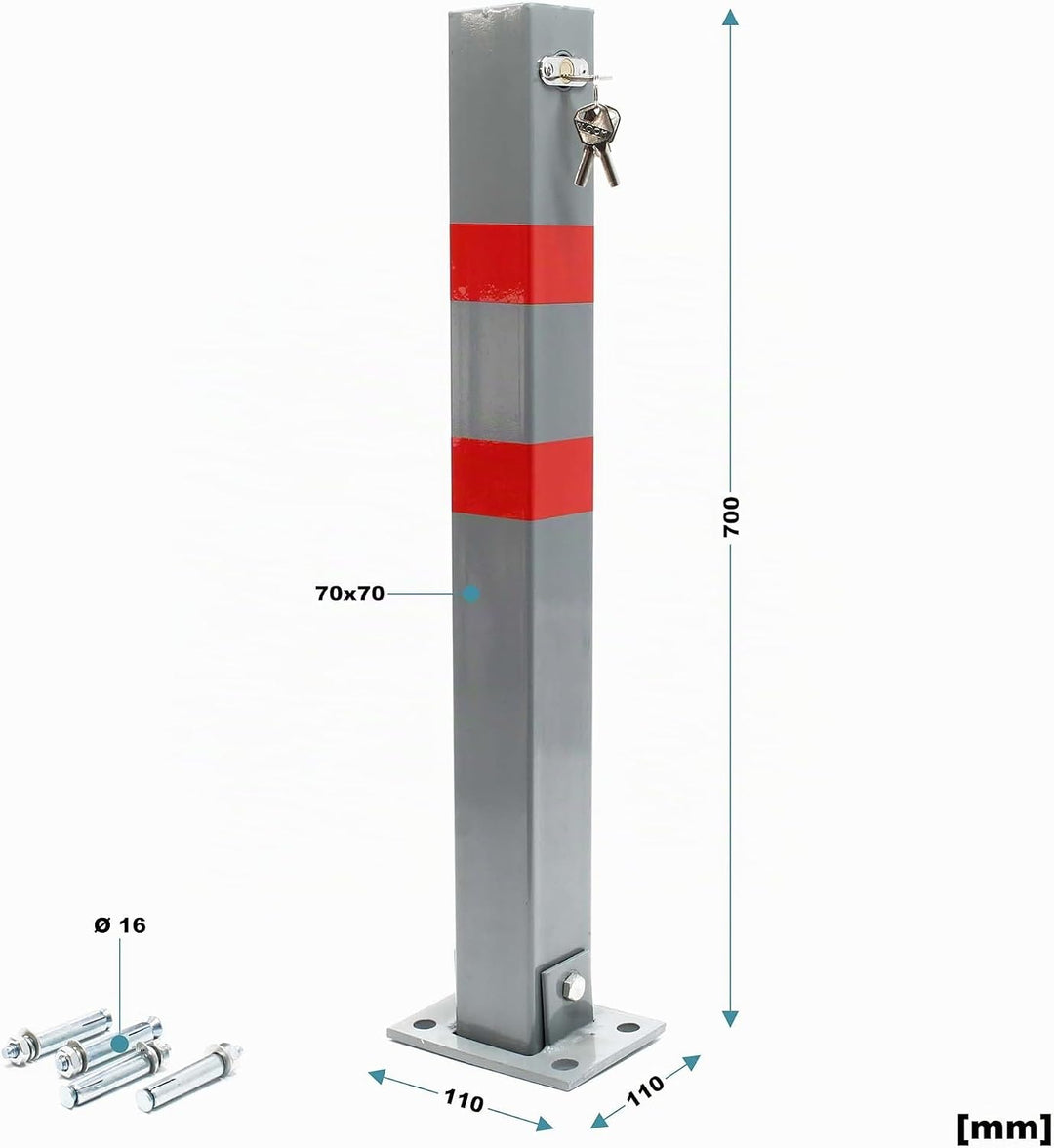 Wiltec Parkpfosten 700 x 160 x 110 mm, Parkplatzsperre klappbar eckig, Absperrpfosten aus Stahl, Par