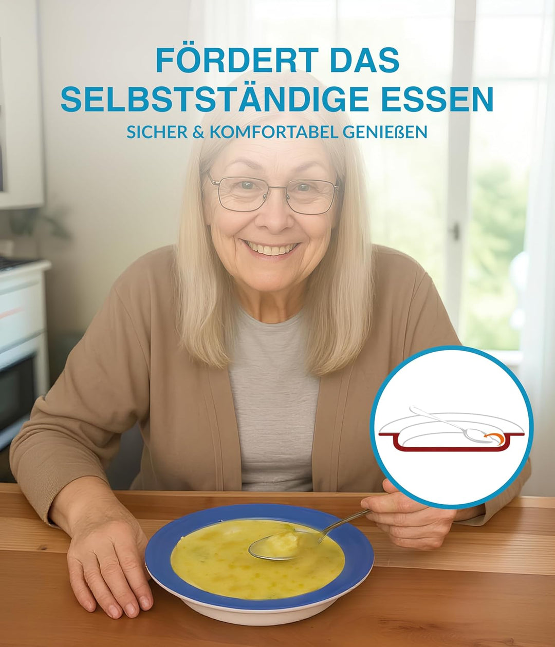 unisonoPLUS Suppenteller Porzellan Blau 22 cm – Spezialteller mit Schiebekante, rutschfest, spülmasc