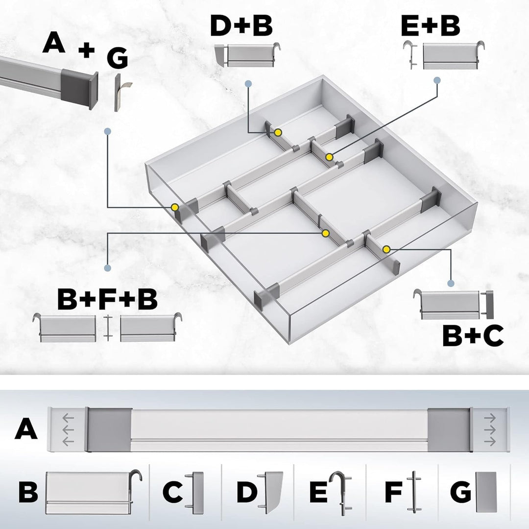 Schubladen-Organizer, Verstellbarer Schubladeneinsatz aus Aluminium für Clutter-Freie Küche, Schubla