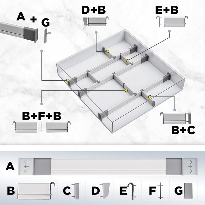 Schubladen-Organizer, Verstellbarer Schubladeneinsatz aus Aluminium für Clutter-Freie Küche, Schubla
