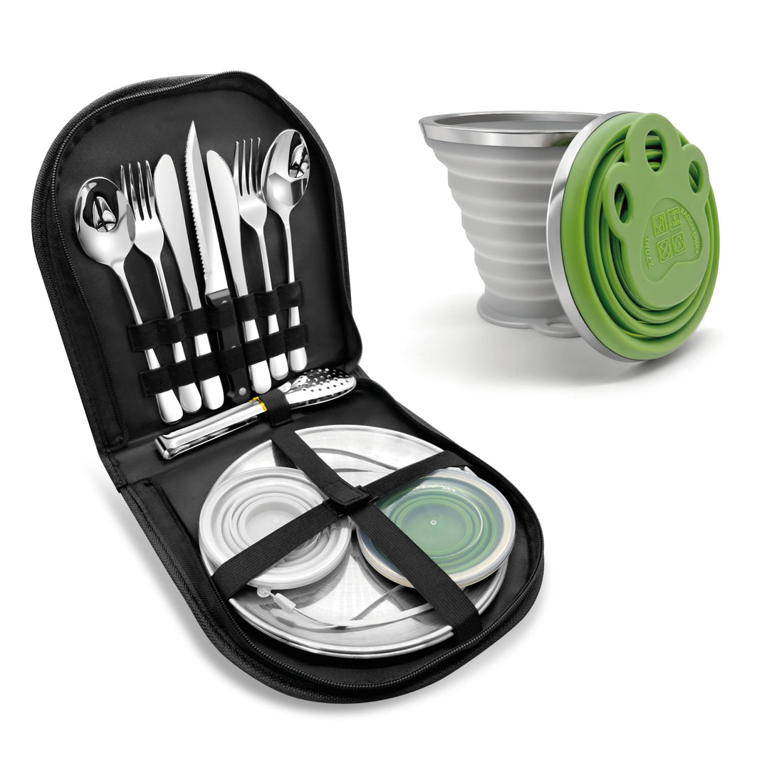 Camping Geschirr Set mit Bechern – Besteckset mit Edelstahl Gabeln, Messer, Löffel, Teller und Silik