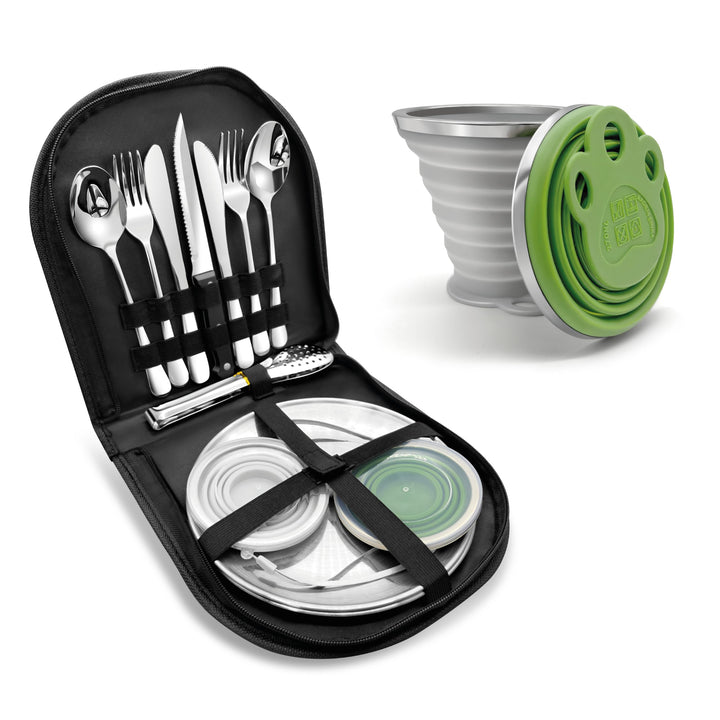 Camping Geschirr Set mit Bechern – Besteckset mit Edelstahl Gabeln, Messer, Löffel, Teller und Silik